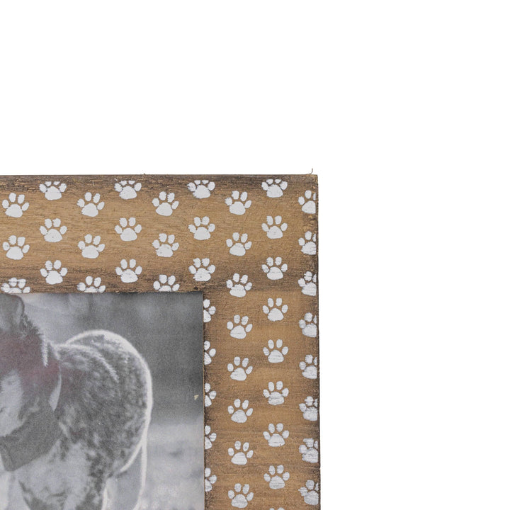 Chic Collective 4x6 wood photo frame with white paw print pattern and natural wood grain border. Holds one 4x6 photo.