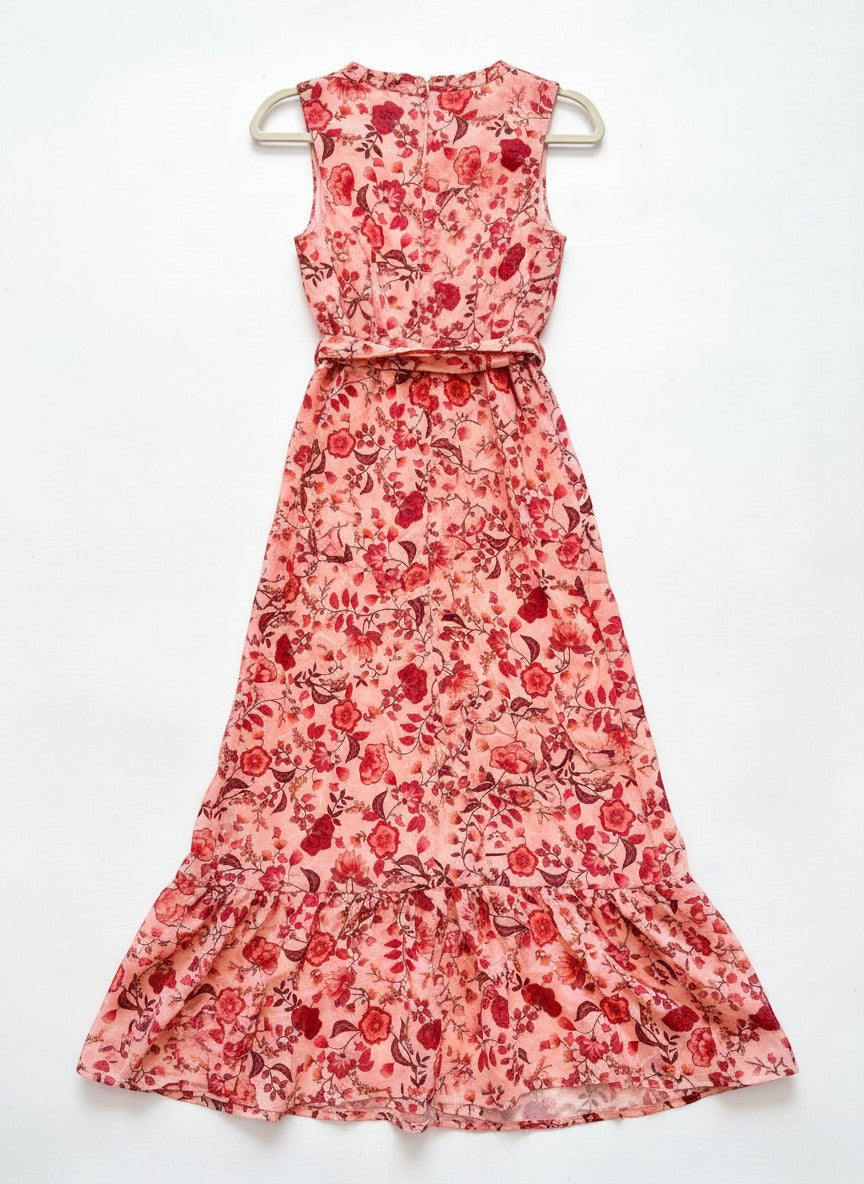 Chic Collective peachy pink maxi dress with red floral print, belted waist, and ruffled hem. Size M.