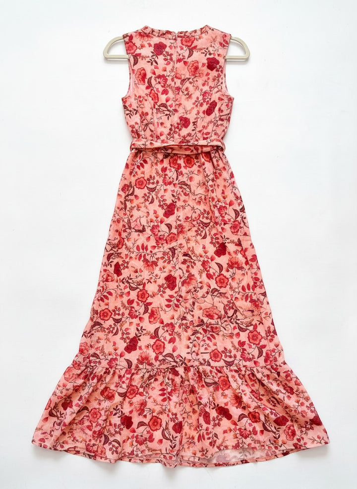 Chic Collective peachy pink maxi dress with red floral print, belted waist, and ruffled hem. Size M.