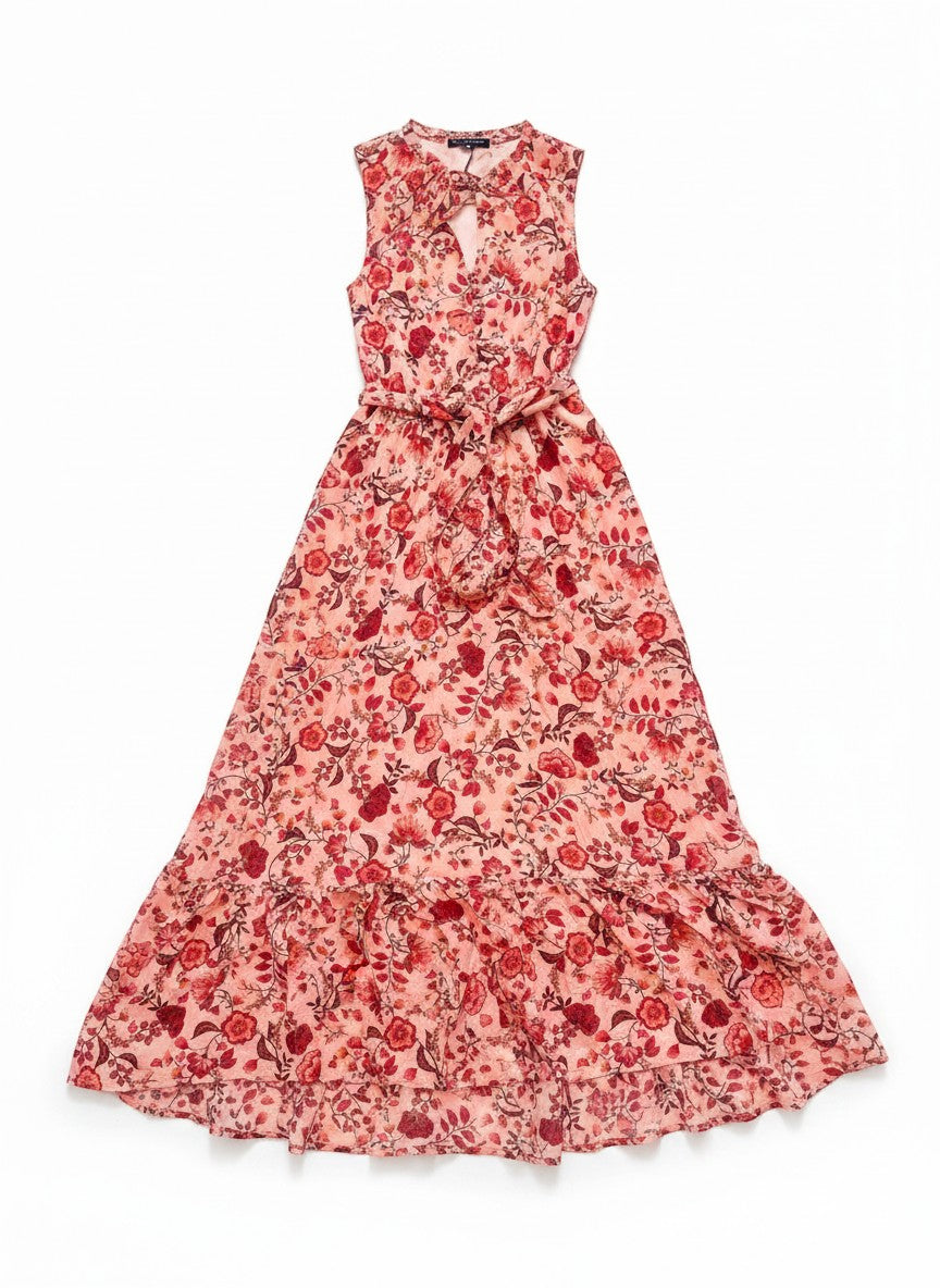 Chic Collective peachy pink maxi dress with a tie waist and floral paisley print. Sleeveless with a keyhole neckline and tiered ruffled hem.