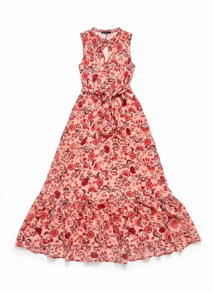 Chic Collective peachy pink maxi dress with a tie waist and floral paisley print. Sleeveless with a keyhole neckline and tiered ruffled hem.