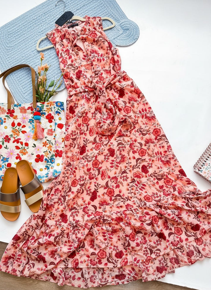 Chic Collective peachy pink maxi dress with red floral paisley print, tie waist, and ruffled hem. Size M.