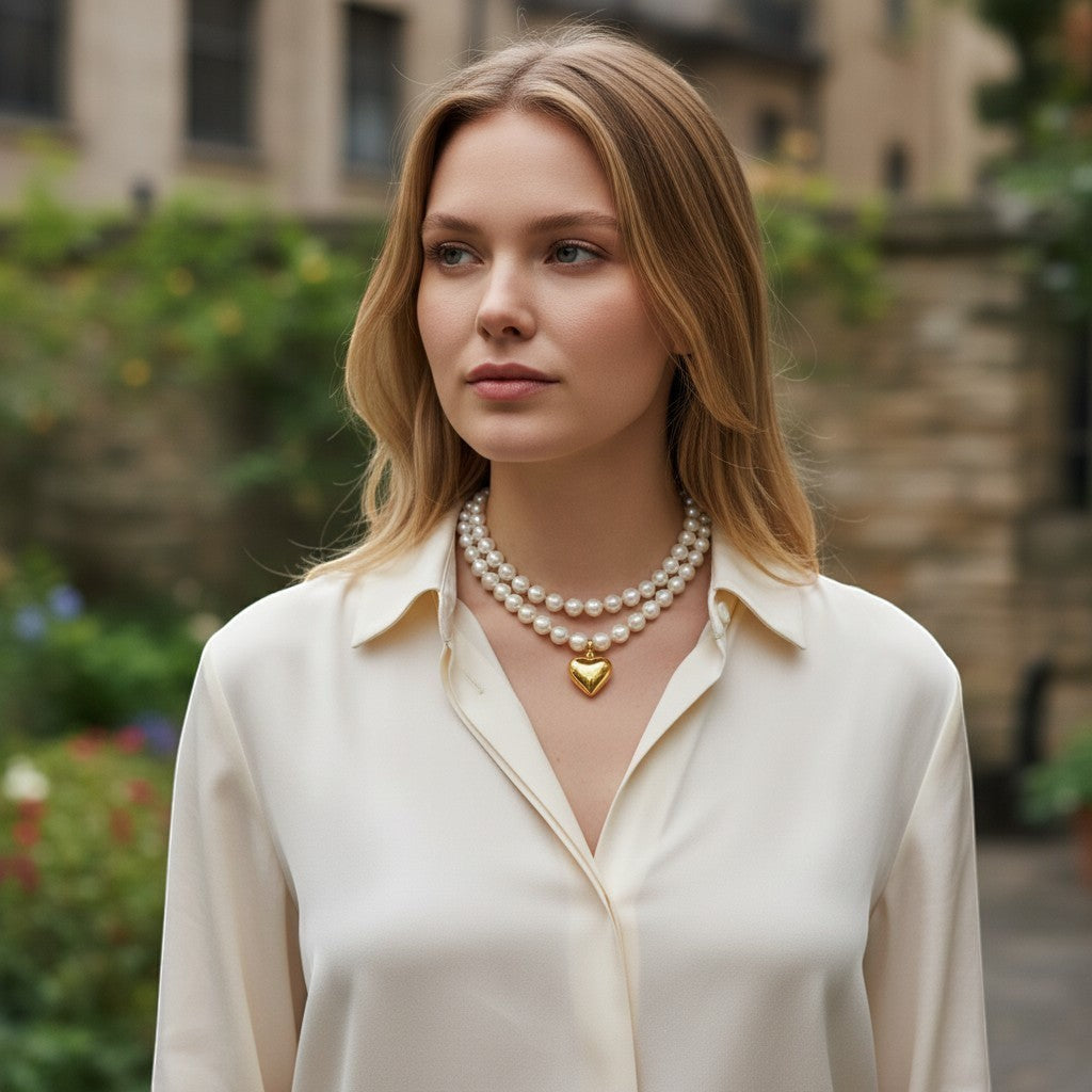 Chic Collective double-strand pearl necklace with gold heart charm on a woman wearing a cream silk blouse.
