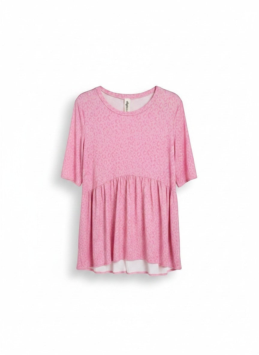Chic Collective soft pink animal print babydoll top with short sleeves and a gathered waist.