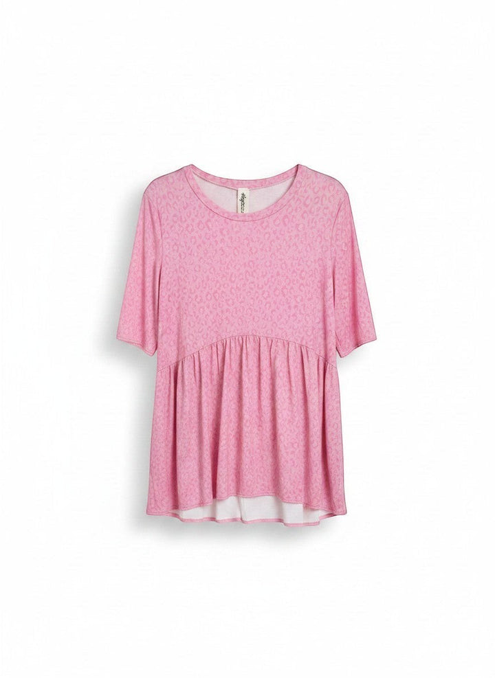 Chic Collective soft pink animal print babydoll top with short sleeves and a gathered waist.