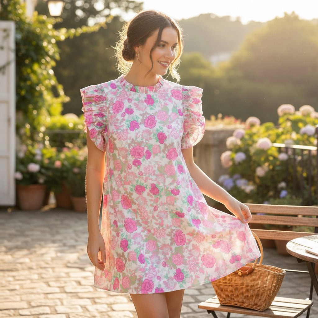 Chic Collective pink floral mini dress with ruffled sleeves and a high neckline, worn by a model outdoors.