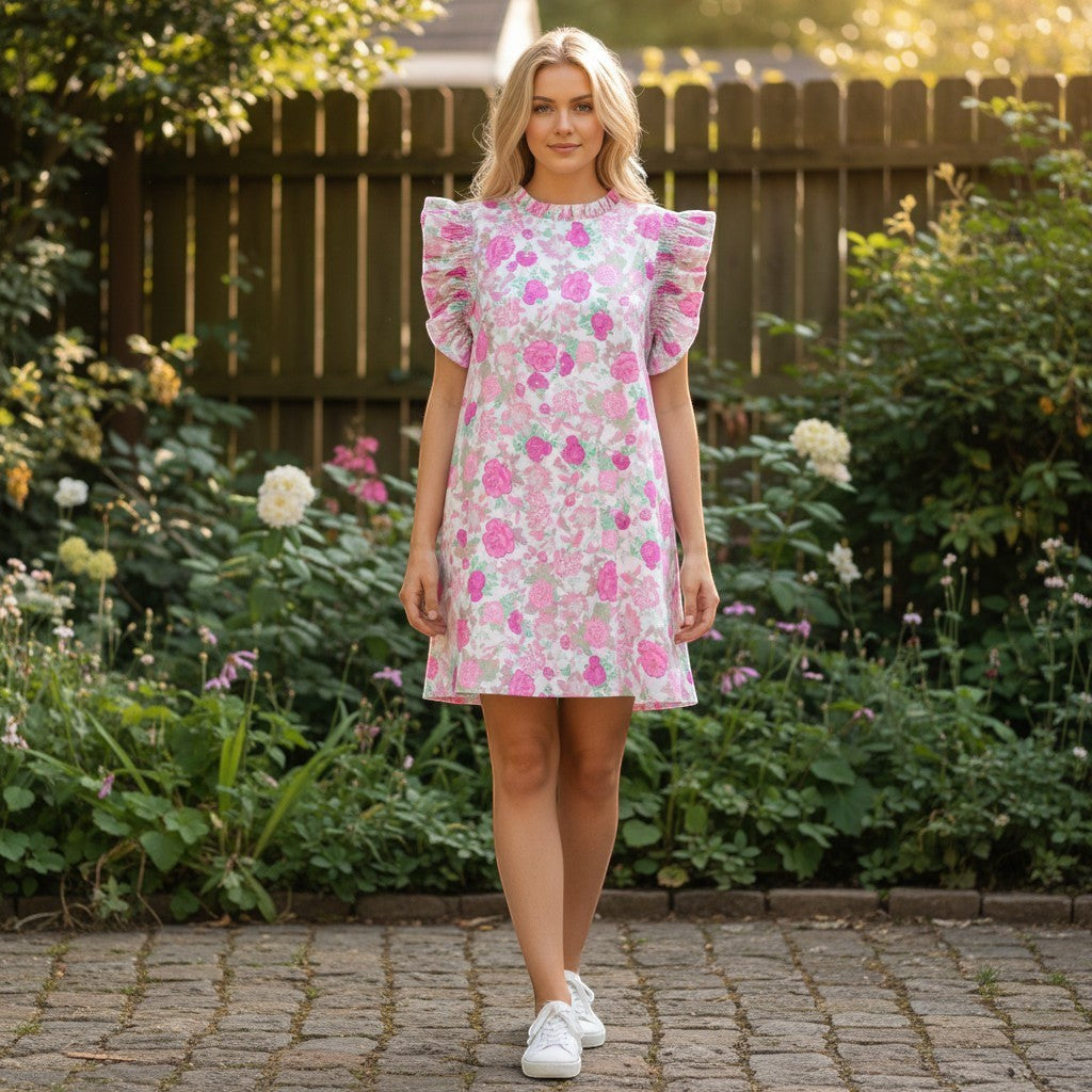Chic Collective pink floral mini dress with ruffled sleeves and a high neckline, worn by a blonde model outdoors.