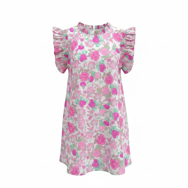 Chic Collective pink floral print mini dress with smocked ruffled sleeves and high neckline.