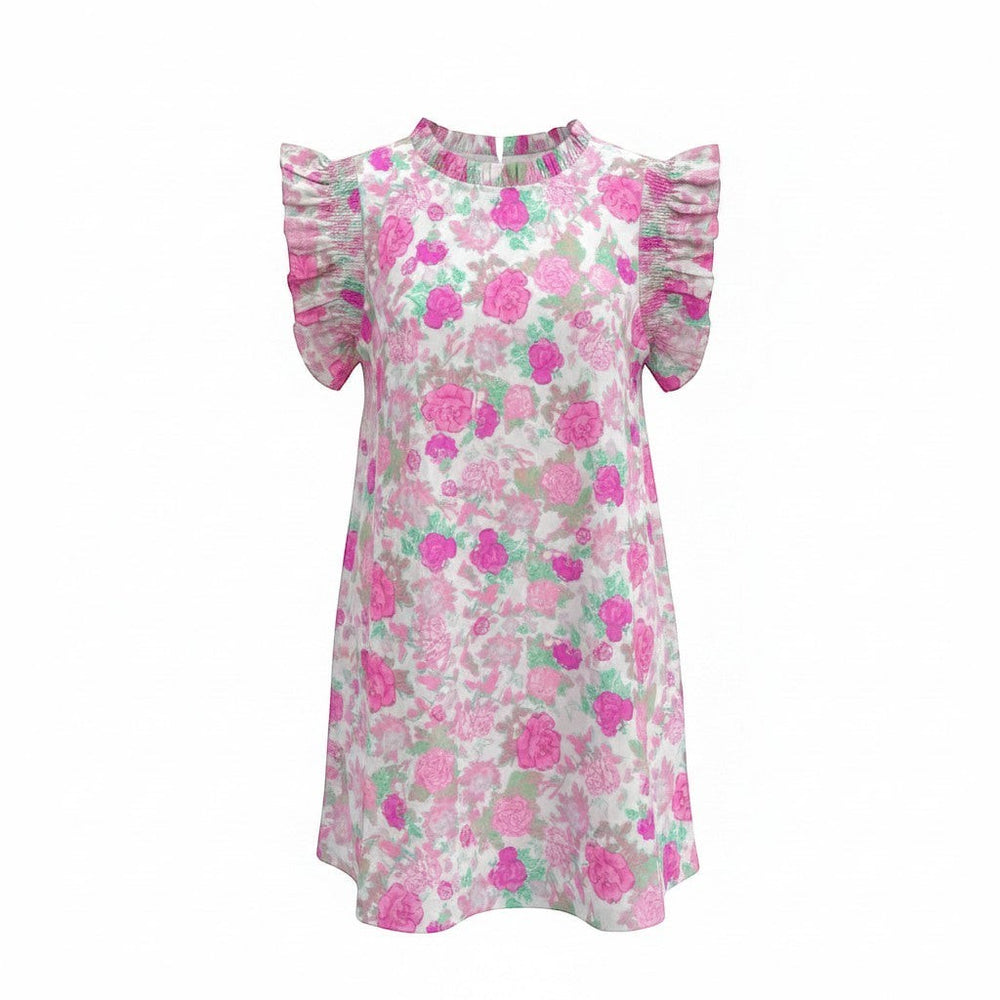 Chic Collective pink floral mini dress with smocked ruffled sleeves and high neckline.