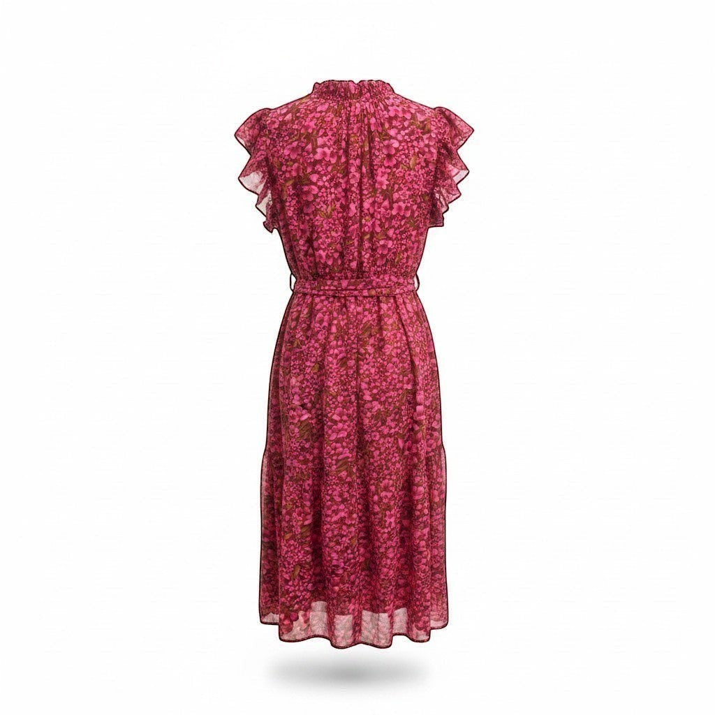 Chic Collective pink floral print midi dress with ruffled sleeves and high neckline, tie waist.