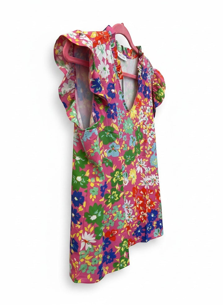 Chic Collective pink floral print blouse with ruffle sleeves and V-neck. Lightweight, feminine, and colorful.
