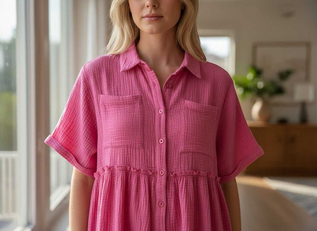 Chic Collective pink mineral wash gauze dress with short sleeves, collared neckline, button front, and tiered ruffled skirt.