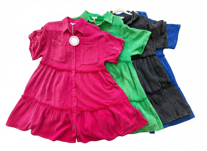 Chic Collective pink mineral wash tiered gauze dress with short sleeves and button front