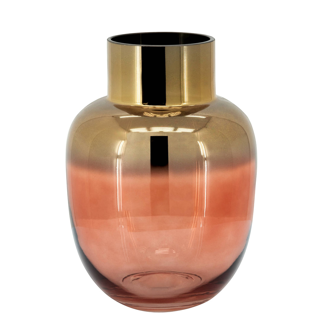 Chic Collective pink and gold ombre glass vase with metallic gold rim. Ideal for centerpieces or decor.