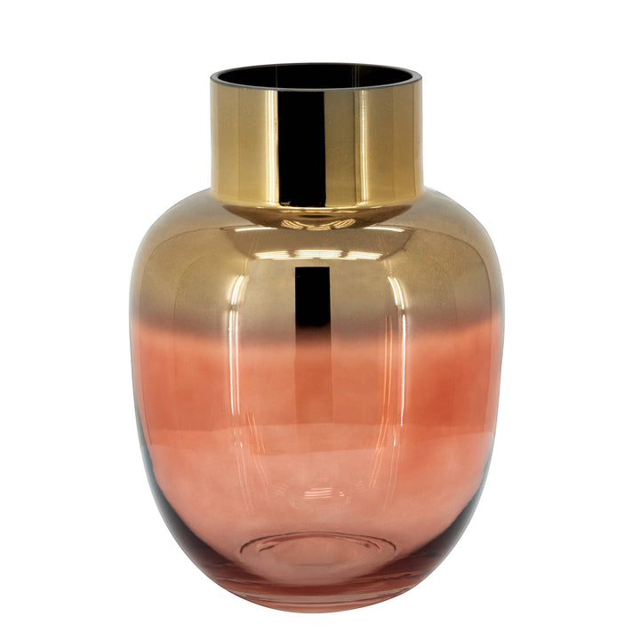 Chic Collective pink and gold ombre glass vase with metallic gold rim. Ideal for centerpieces or decor.
