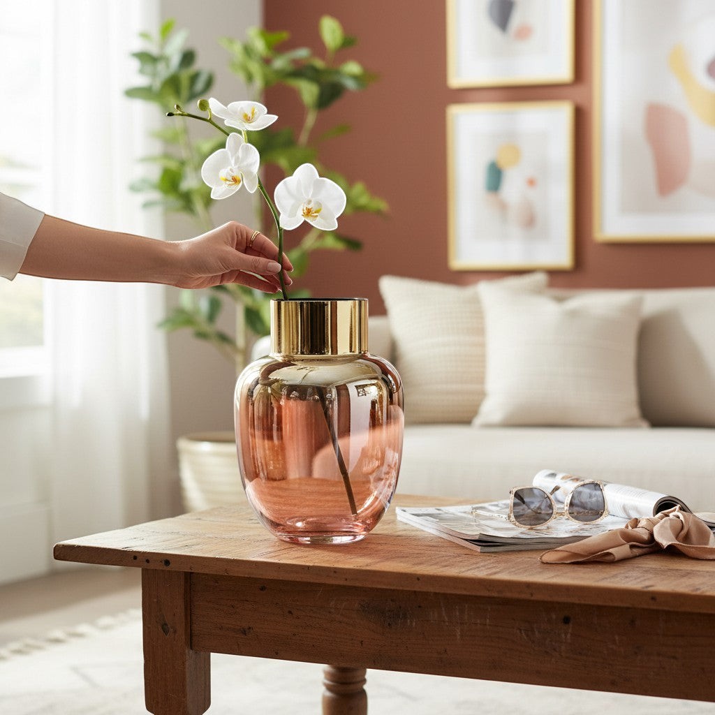 Chic Collective pink and gold glass vase with metallic rim, perfect for centerpieces or home decor.