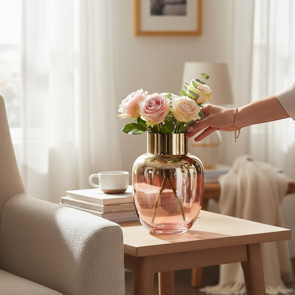 Chic Collective pink and gold glass vase with metallic rim, holding pink roses and eucalyptus. A hand adjusts the flowers.