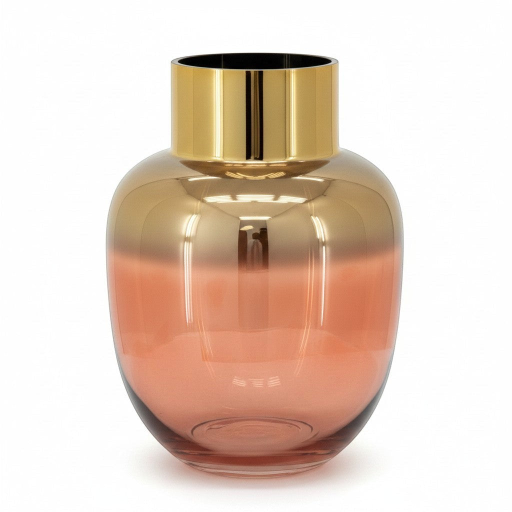 Chic Collective pink and gold glass vase with metallic finish. 10 inch round vase.