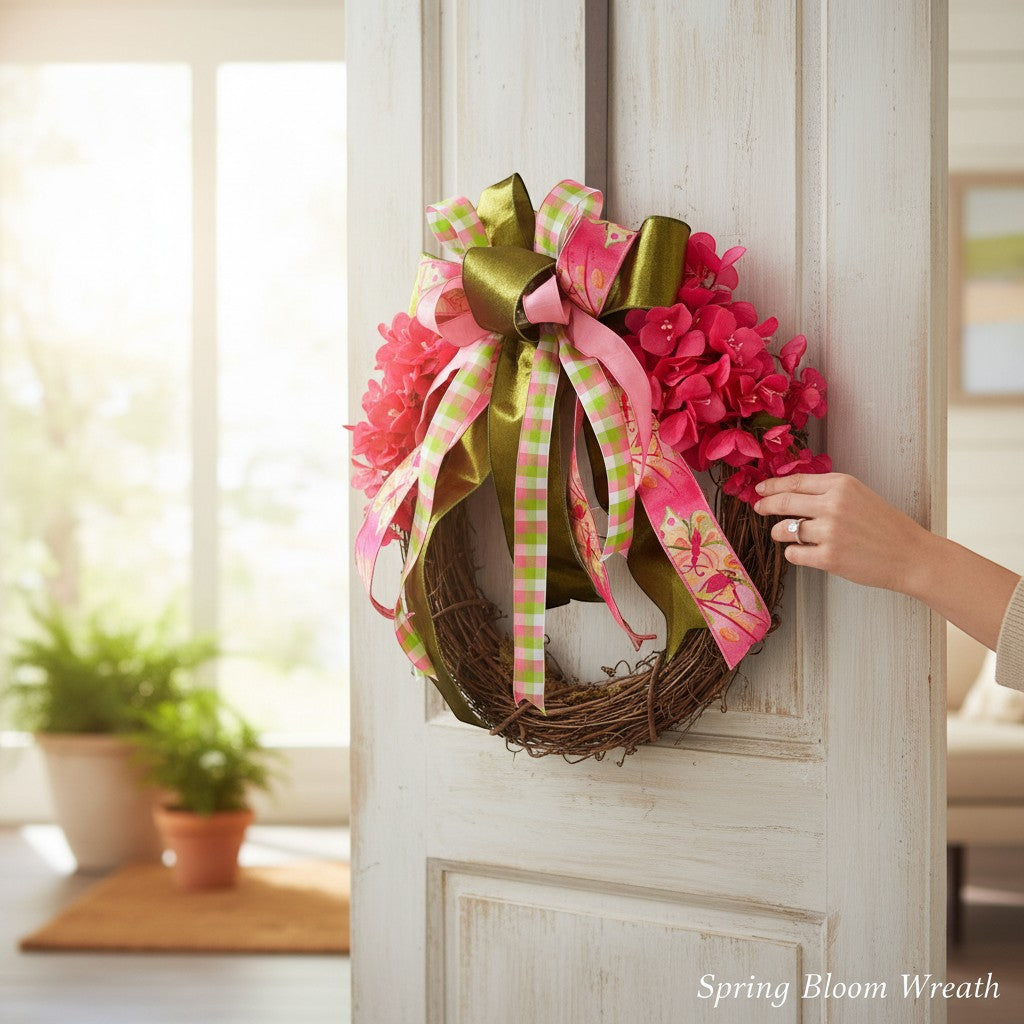Chic Collective 24-inch grapevine wreath with pink flowers and green/pink plaid ribbons. A hand is adjusting the wreath on a white door.