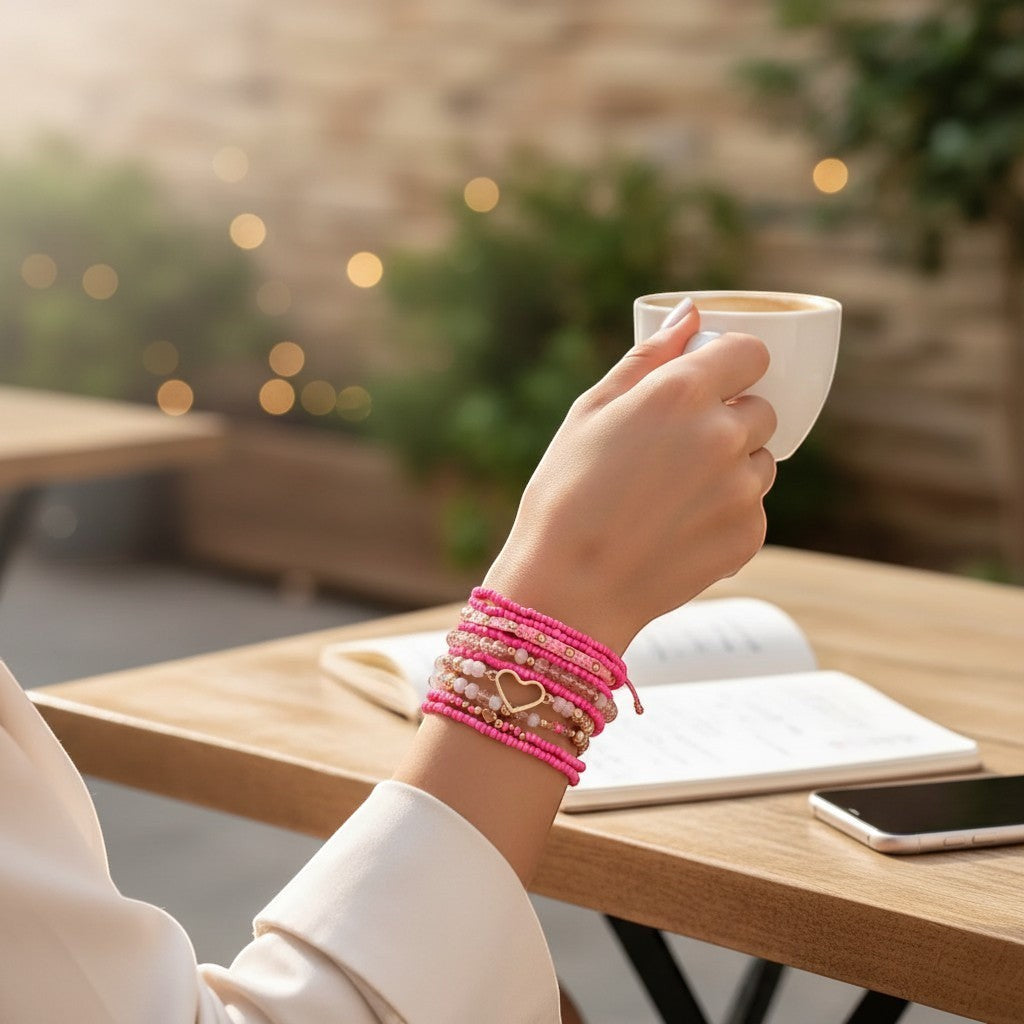 Chic Collective pink beaded bracelet stack with gold heart charm on a woman&