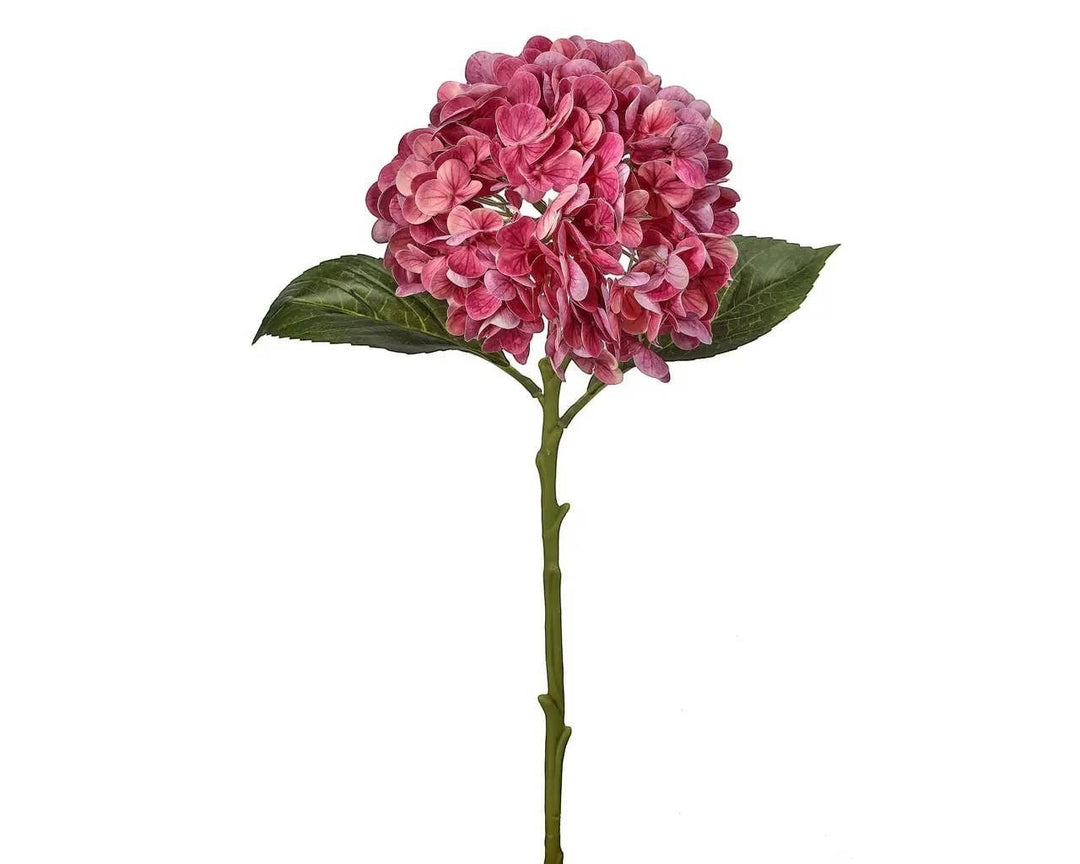 Chic Collective pink real touch hydrangea stem with green leaves, 18.5" long, artificial floral.
