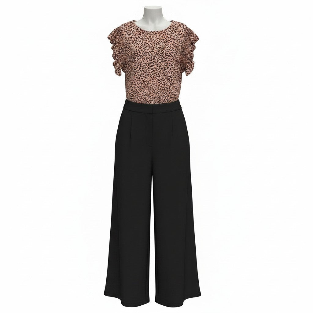 Chic Collective pink leopard print top with ruffle sleeves, made from lightweight fabric.