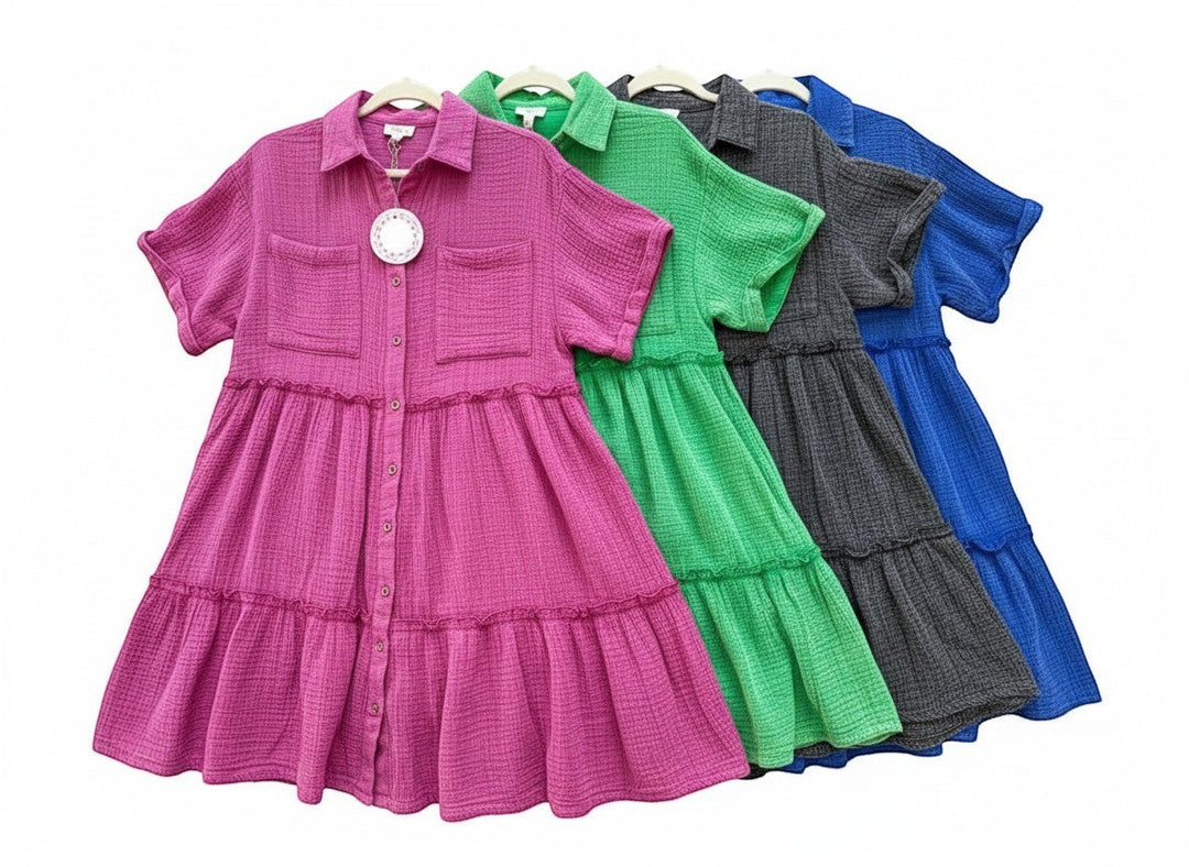 Chic Collective pink mineral wash tiered midi dress with short sleeves and button front.