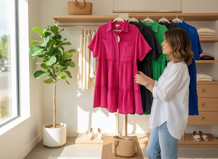 Chic Collective pink mineral wash tiered short-sleeve button-up dress with pockets.