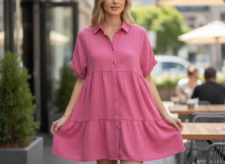 Chic Collective pink mineral wash gauze dress with short sleeves and tiered skirt, size S.