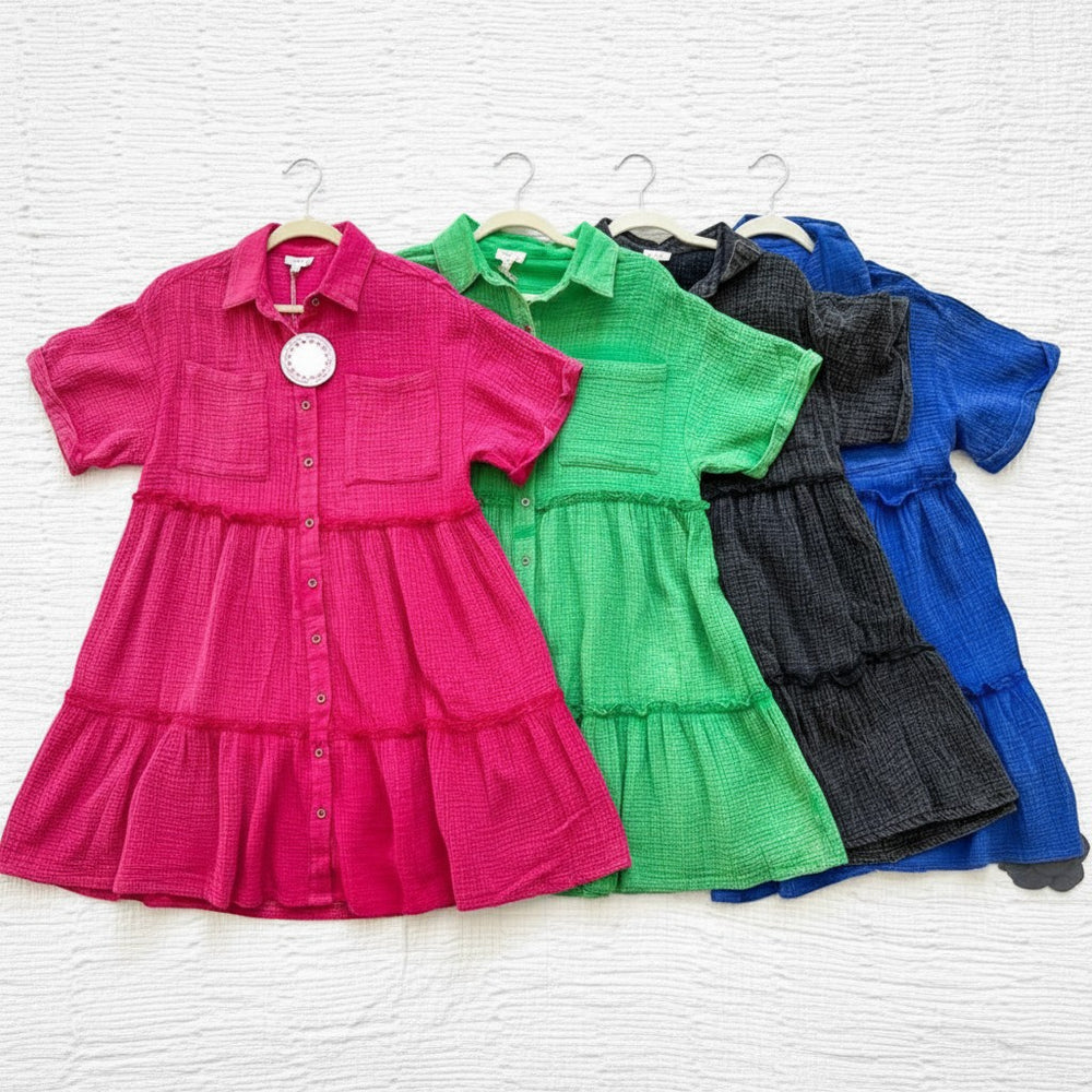 Chic Collective pink mineral wash tiered shirt dress with short sleeves and two chest pockets.