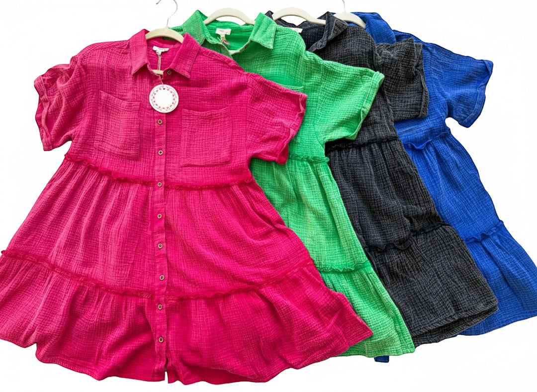 Chic Collective pink mineral wash tiered shirt dress with short sleeves and button front.