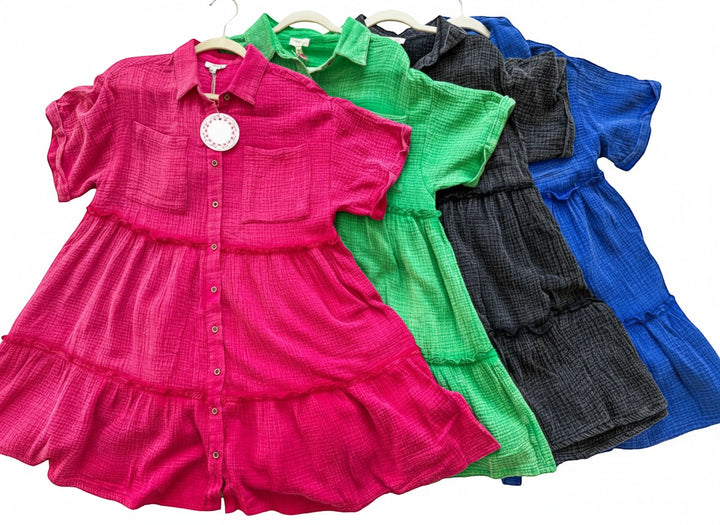 Chic Collective pink mineral wash tiered shirt dress with short sleeves and button front.