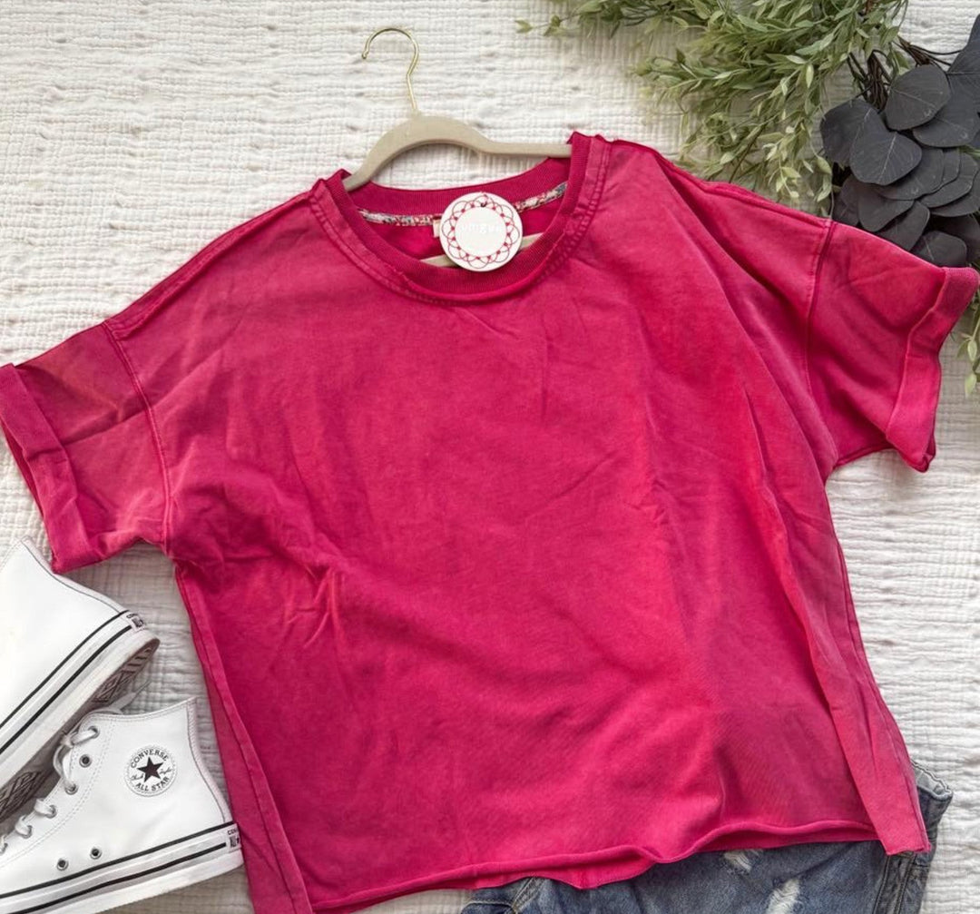 Chic Collective oversized pink mineral wash cotton blend t-shirt with cuffed sleeves and raw hem.