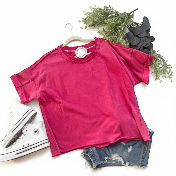 Chic Collective pink mineral wash oversized cotton blend t-shirt with cuffed sleeves and distressed hem.