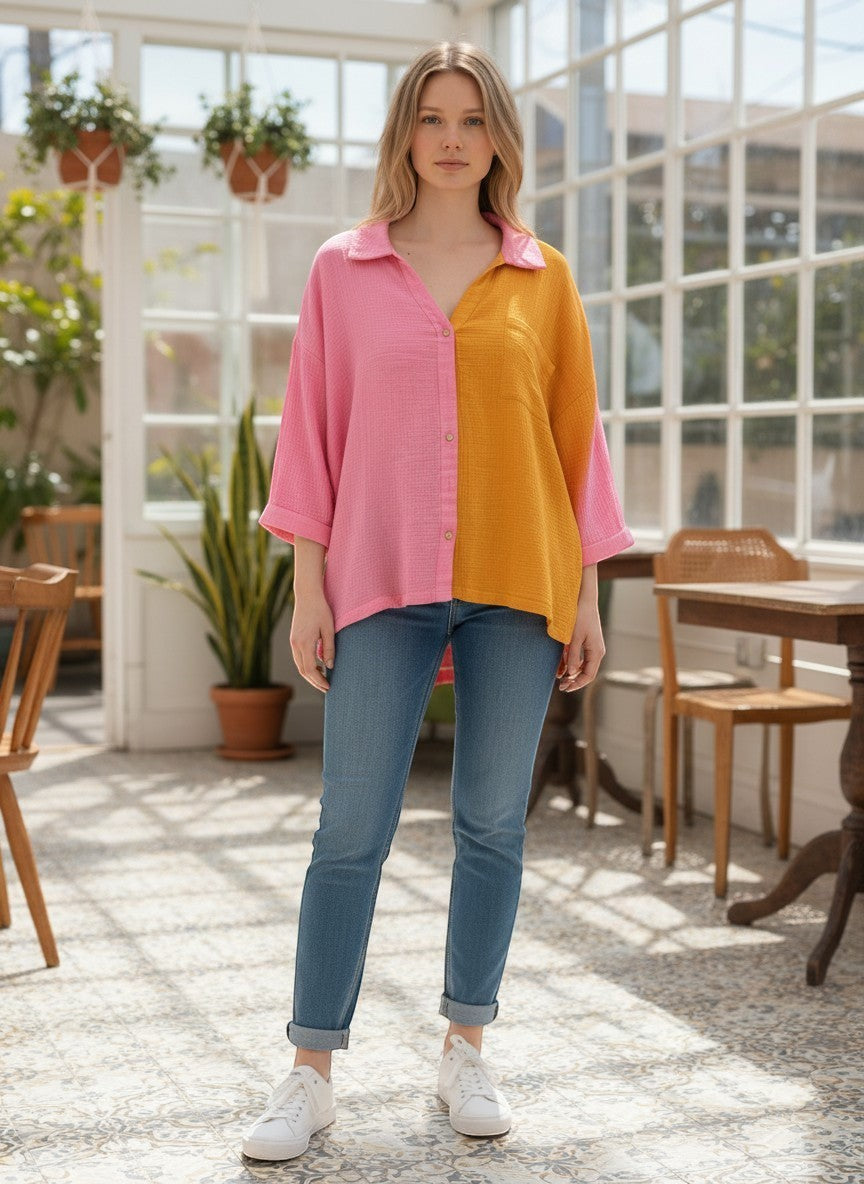 Chic Collective pink and orange colorblock gauze oversized button-down shirt with collar and chest pocket.