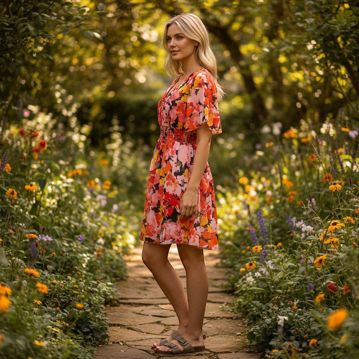 Chic Collective floral print V-neck short sleeve dress with smocked waist in pink, peach, and black.