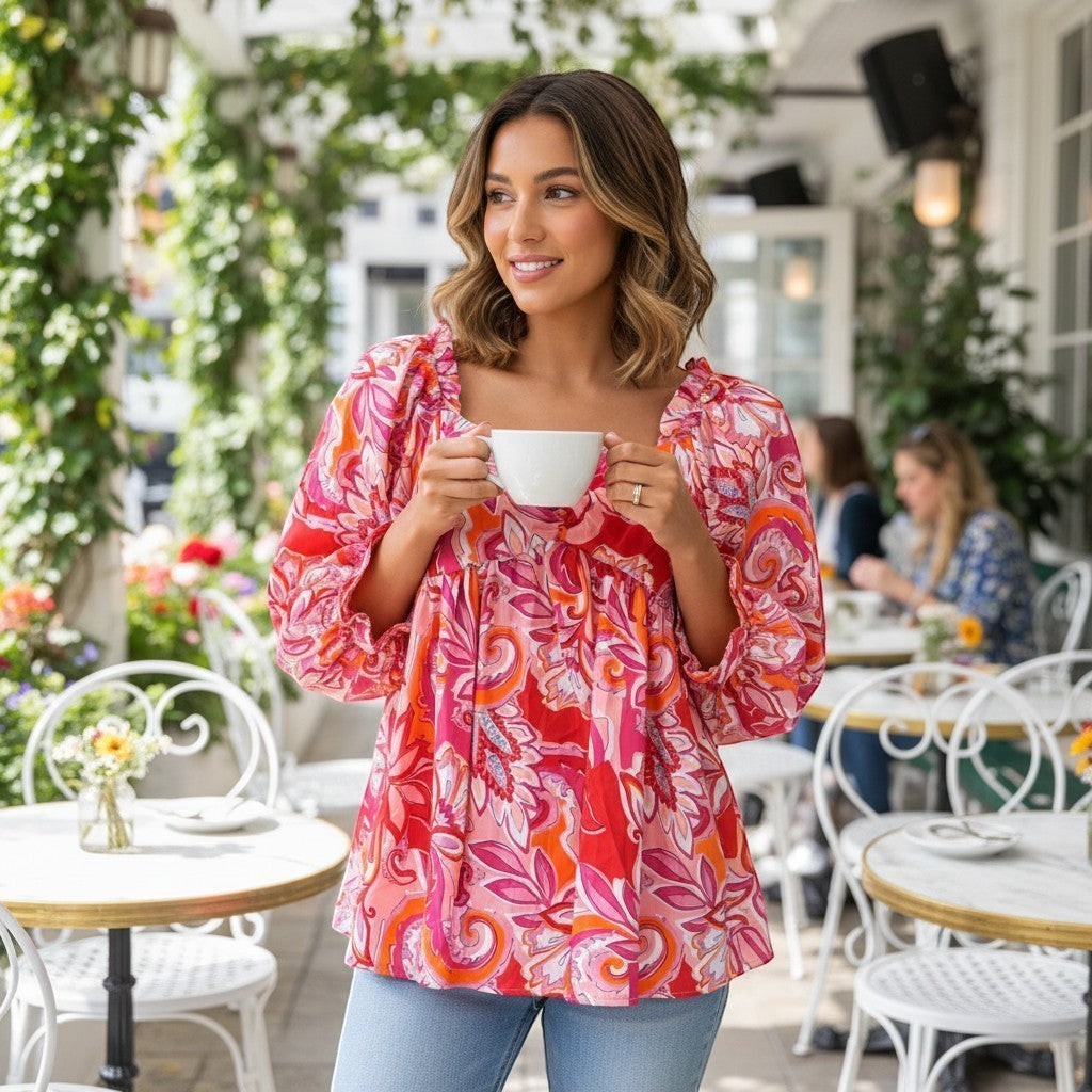 Chic Collective babydoll top with pink, red, and orange paisley print, square neckline, and ruffled sleeves.