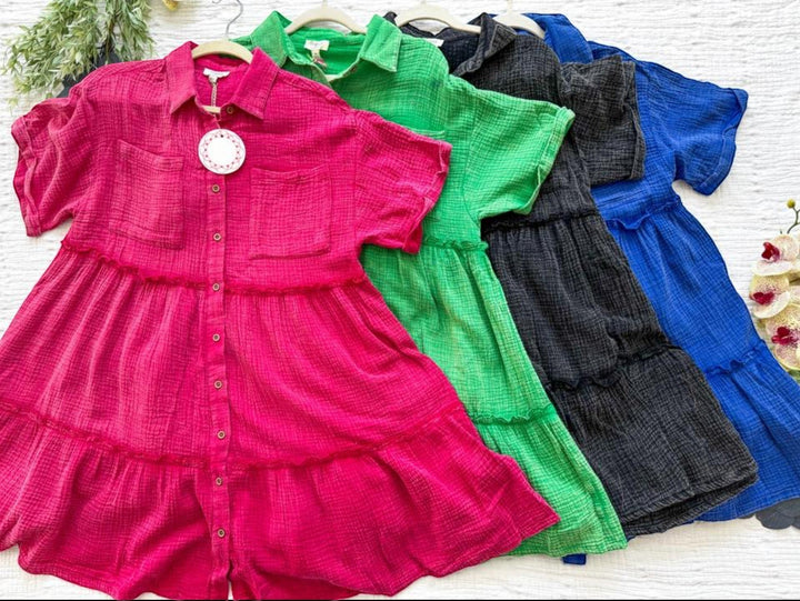 Chic Collective pink mineral wash tiered short sleeve button-up dress with pockets.