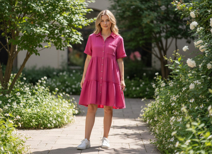 Chic Collective pink textured tiered midi dress with short sleeves and button front, worn by a woman outdoors.