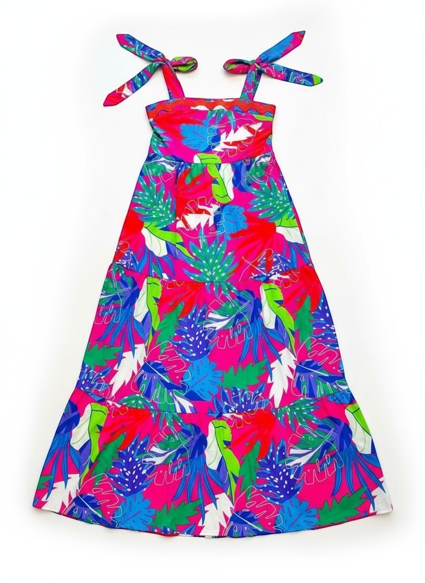 Chic Collective hot pink tiered maxi dress with tropical leaf print and tie-shoulder straps.