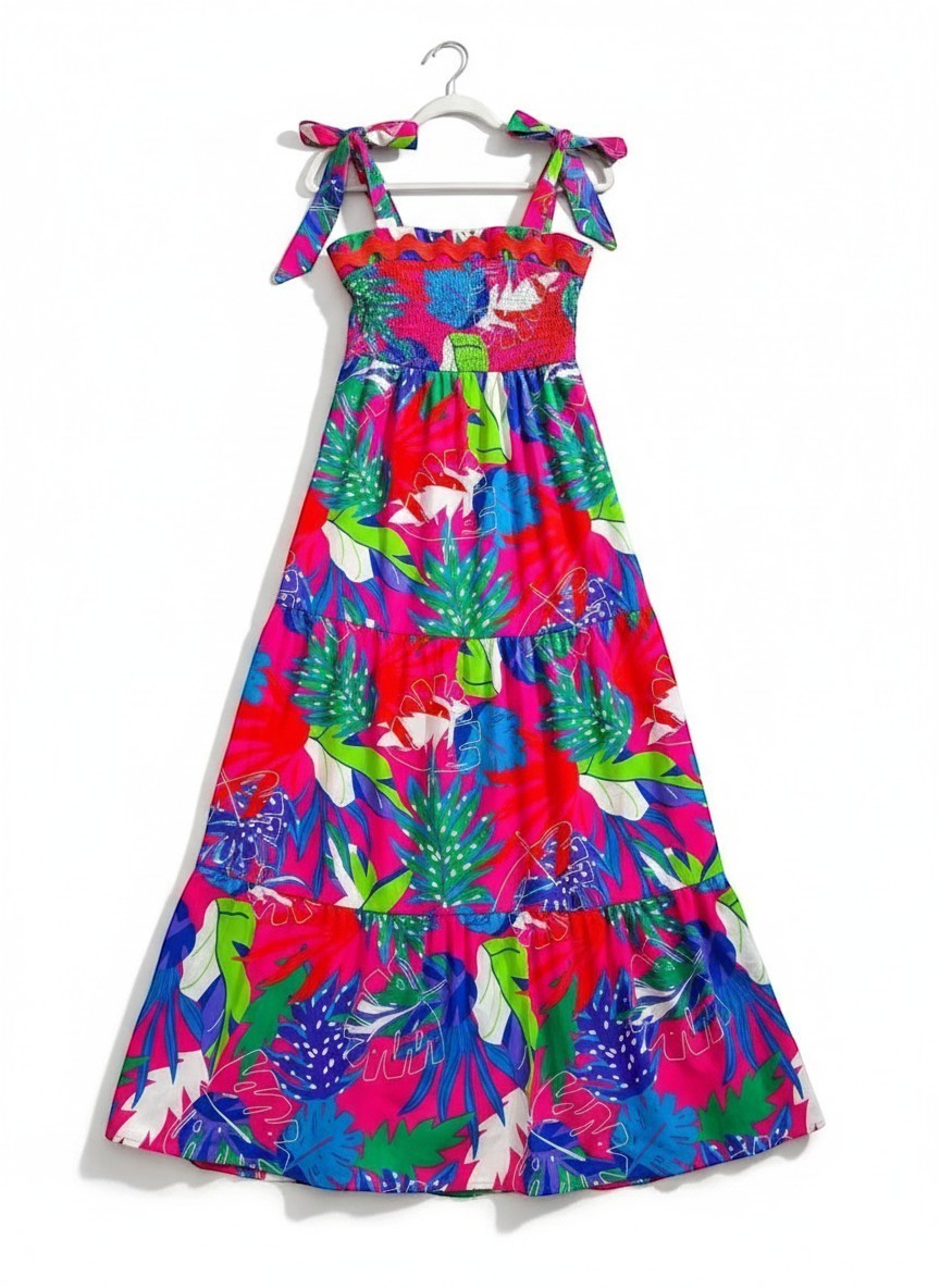 Chic Collective pink tiered tropical print maxi dress with smocked bodice and tie straps.