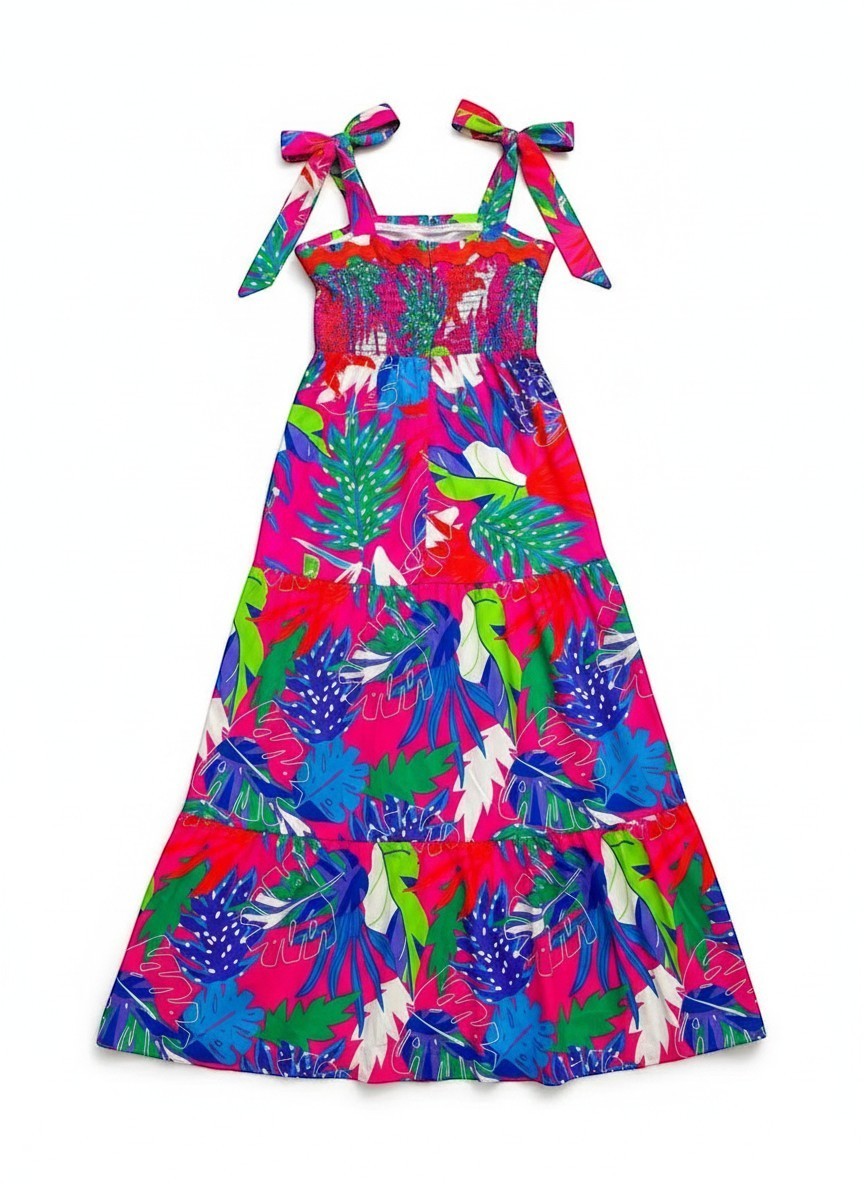 Chic Collective hot pink tiered maxi dress with tropical leaf print, smocked bodice, and tie-shoulder straps.