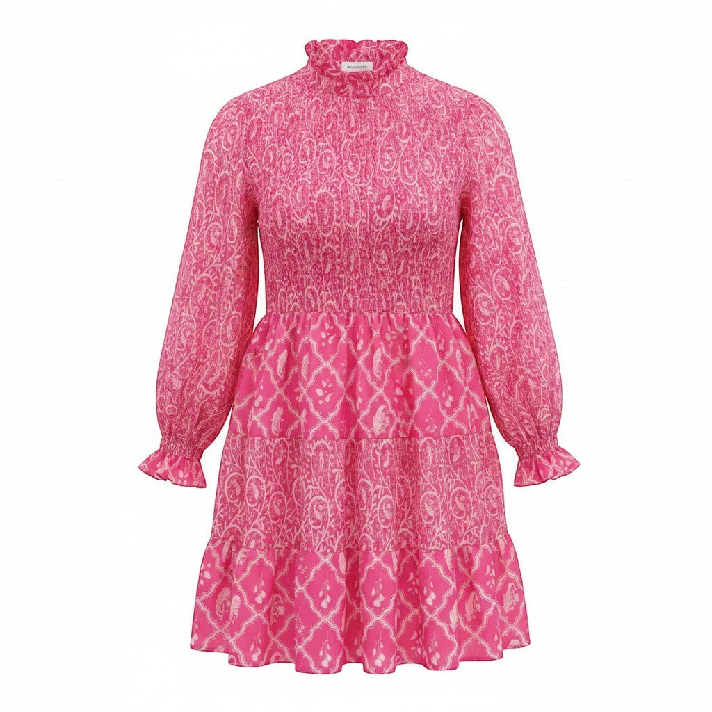 Chic Collective pink and white paisley print smocked mini dress with ruffled mock neck and cuffs.