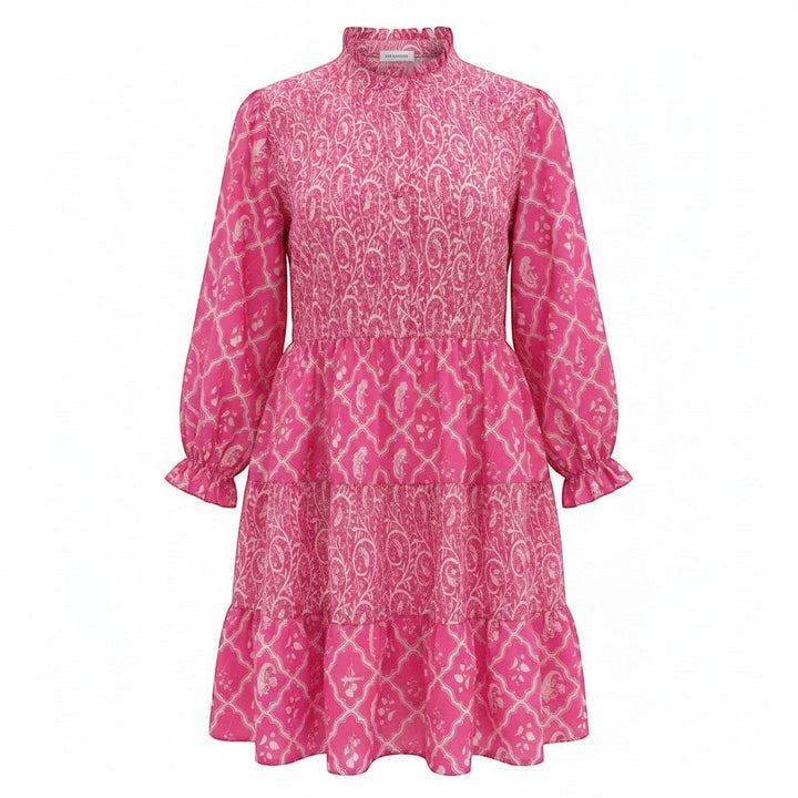 Chic Collective pink and white smocked tiered mini dress with paisley print and ruffled cuffs.