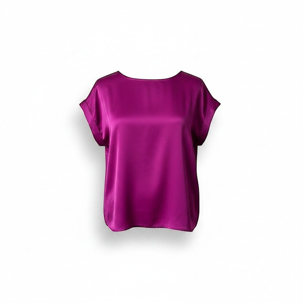 Chic Collective plum satin short sleeve top with a relaxed fit and boat neckline.