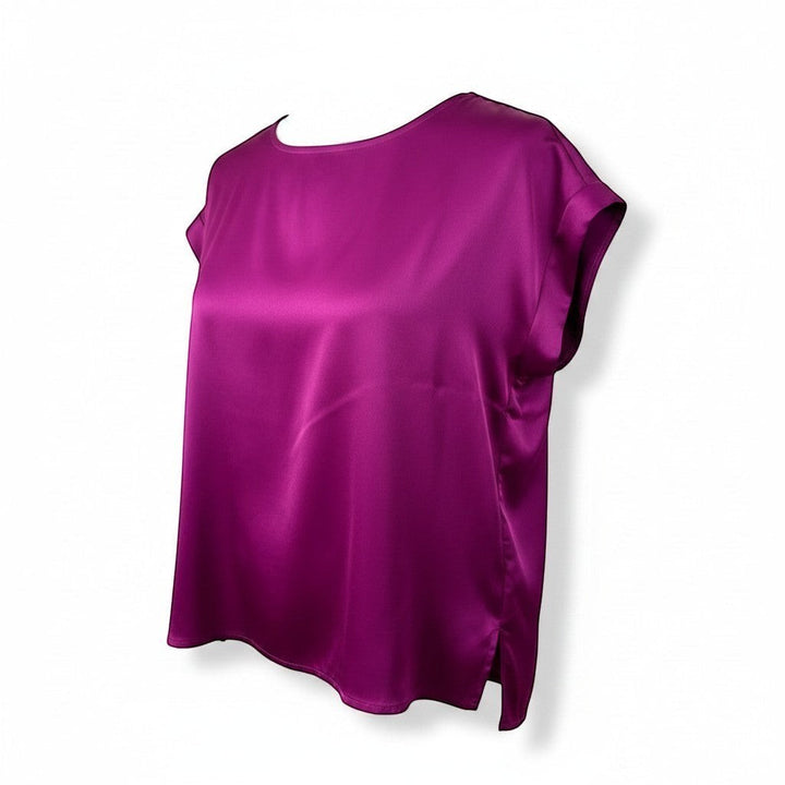 Chic Collective plum satin short sleeve top with a relaxed fit and side slits.