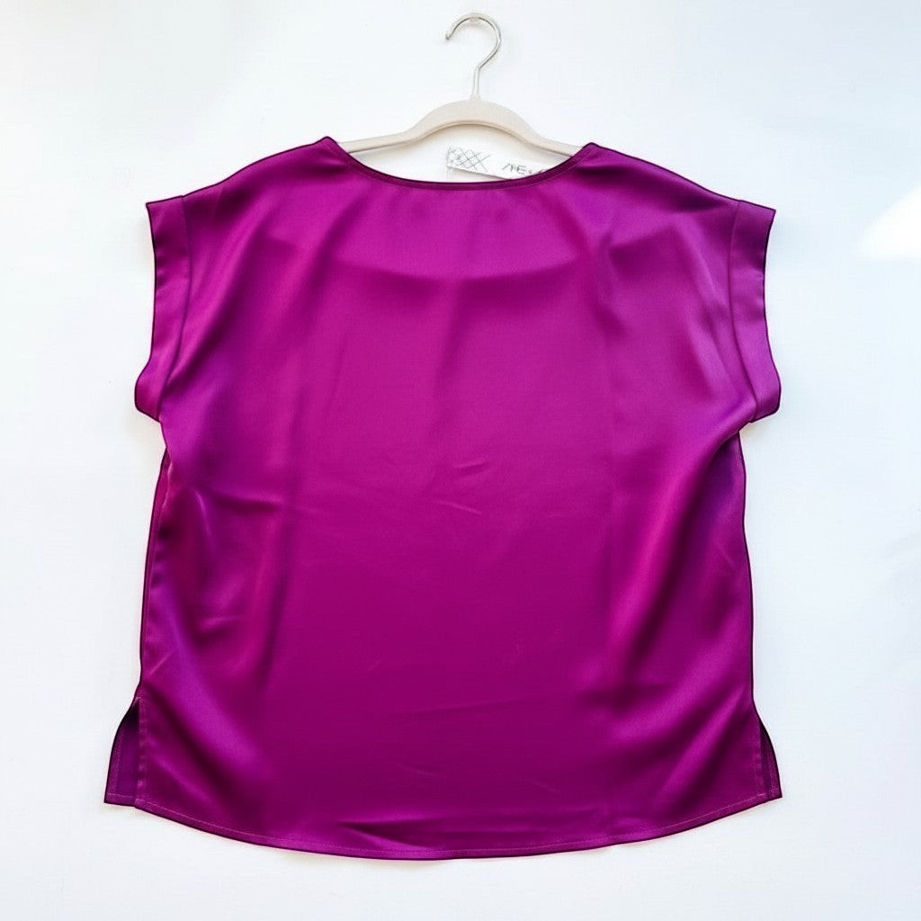 Chic Collective plum satin short sleeve top with side slits, versatile for any occasion.