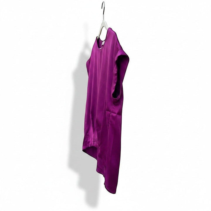Chic Collective plum satin top with short sleeves and a draped hem, perfect for versatile styling.