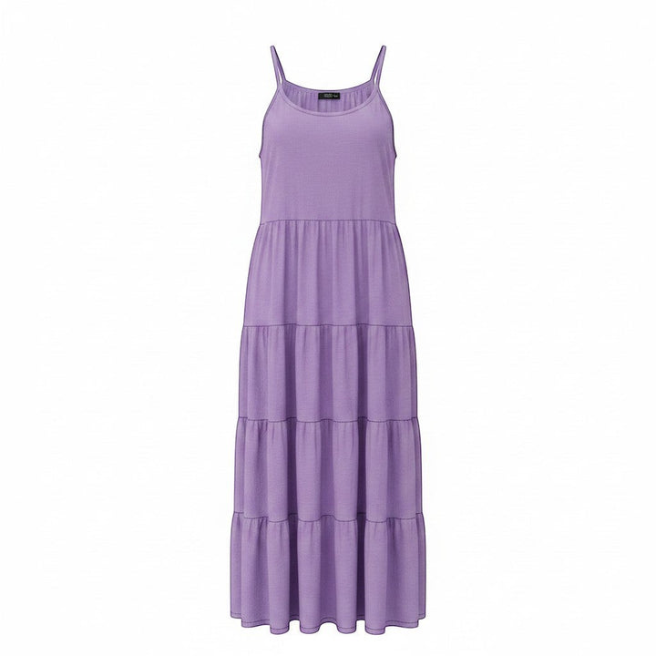 Chic Collective purple tiered maxi dress with spaghetti straps and a flowing design, perfect for casual or formal wear.