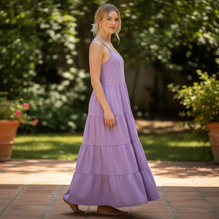 Chic Collective purple tiered maxi dress with spaghetti straps, flowing design, perfect for casual or formal wear.